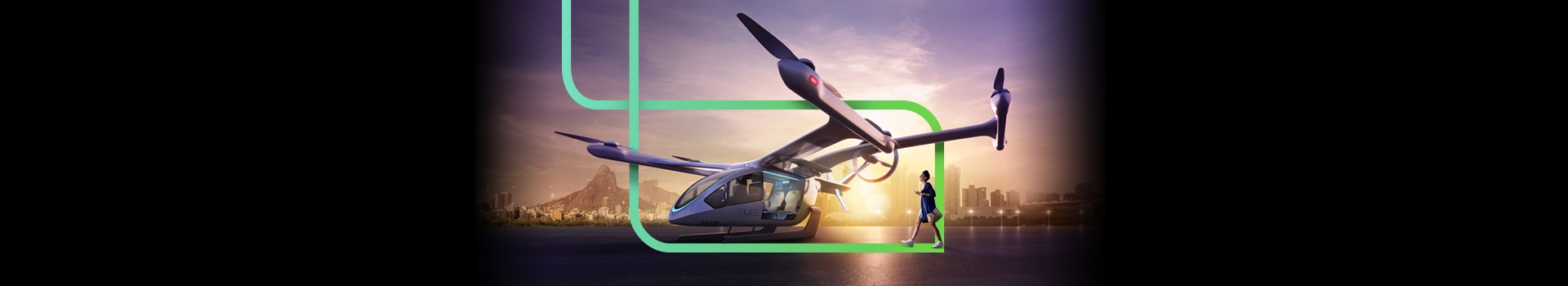 Na imagem o carro voador vai pousando em um heliponto e uma pessoa vai se aproximando do veículo